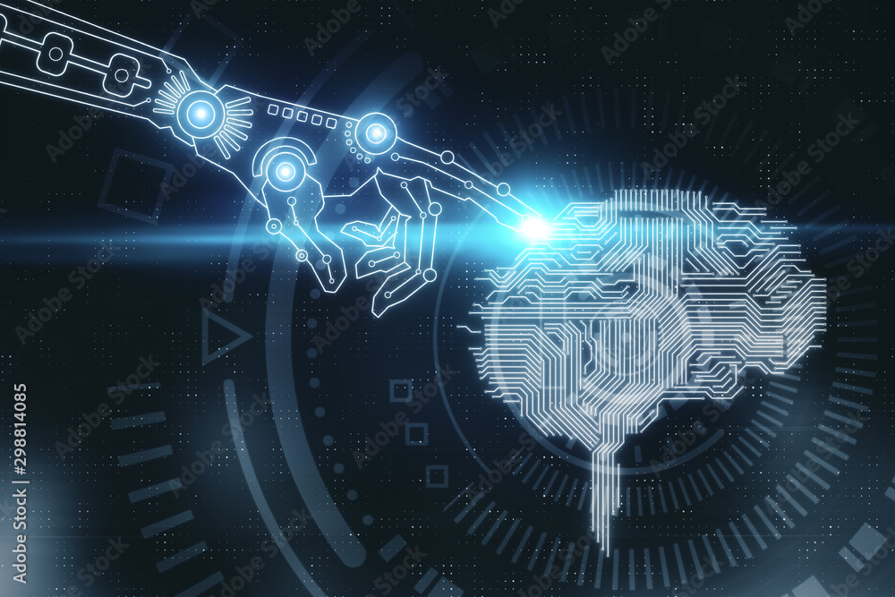 Poster Robot hand pointing at digital brain.