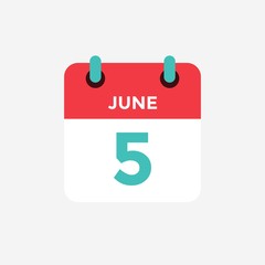 Flat icon calendar 5 of June. Date, day and month. Vector illustration. - 298814004