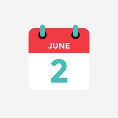 Flat icon calendar 2 of June. Date, day and month. Vector illustration. - 298814070
