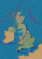 United Kingdom. Weather map of the Great Britain. Meteorological forecast. Editable vector illustration of a generic map showing isobars and weather fronts. EPS 10 - obrazy, fototapety, plakaty