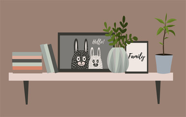 Wall shelf for a Scandinavian-style living room interior with flower pots, books and paintings. Vector flat illustration.