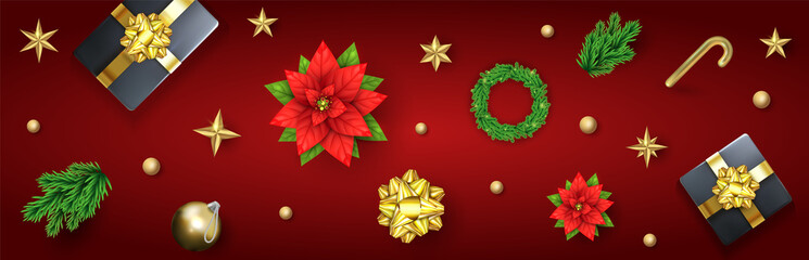 Vector Christmas banner with 3d New Year icons. Top View Xmas card. Realistic Merry Christmas and Happy New Year. Top view Horizontal poster, web header. Winter Holidays cover.