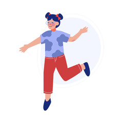 Happy Brunette Girl Joyfully Jumping, Smiling Child in Casual Clothes and Glassws Having Fun Vector Illustration