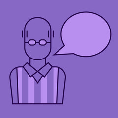 A square image with the vector outline business avatar of a man with glasses and a bald head. A baloon for the text
