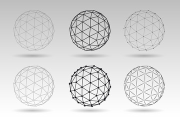 Set of vector globes. Wire effect geometric 3d spheres. Abstract creative graphic for web and science.