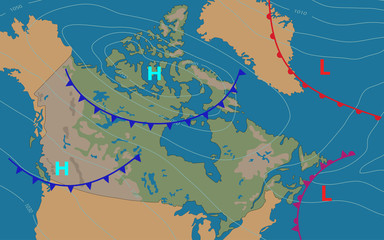 Canada. Canada bordered by USA and Alaska. Weather map of the country. Meteorological forecast. Editable vector illustration of a generic map showing isobars and weather fronts. EPS 10 - obrazy, fototapety, plakaty