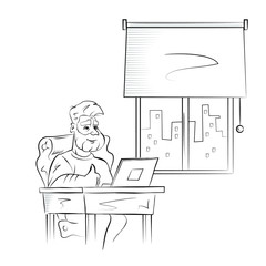 Man works on the computer. Hand drawn sketch vector illustration.