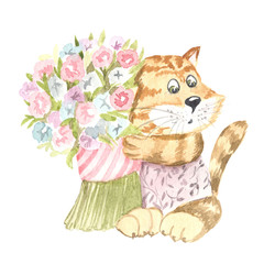 illustration of a cat with a bouquet of flowers, watercolor card for spring holiday