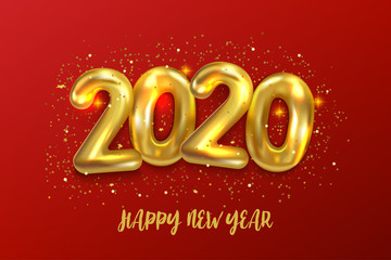 Happy New 2020 Year. Holiday vector illustration of metallic golden balloons numbers 2020. Festive poster or banner design