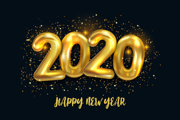 Happy New 2020 Year. Holiday vector illustration of metallic golden balloons numbers 2020. Festive poster or banner design