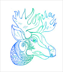 Neon illustration of a moose with horns, ornament. Idea for tattoo.