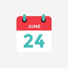 Flat icon calendar 24 of June. Date, day and month. Vector illustration.