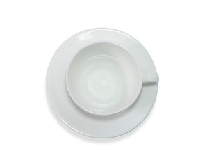 Top view of Empty coffee white cup in plate isolate on white background. White ceramic mug, Cups for coffee or tea with clipping path.
