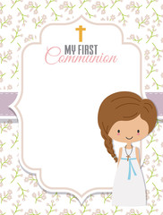 My first communion card. Girl with frame with space for text