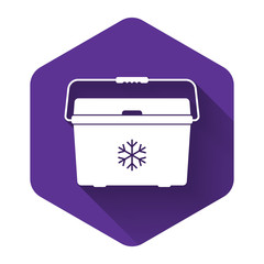 White Cooler bag icon isolated with long shadow. Portable freezer bag. Handheld refrigerator. Purple hexagon button. Vector Illustration