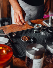 coffee horn and coffee beans in tempera in wood table