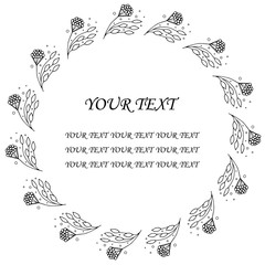 Wreath of black flowers on a white background. Decoration for wedding cards. Copy space for your text. Beautiful invitation with ornament for celebration decoration design. Greeting card template