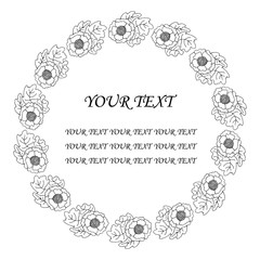 Wreath of black flowers on a white background. Decoration for wedding cards. Copy space for your text. Beautiful invitation with ornament for celebration decoration design. Greeting card template