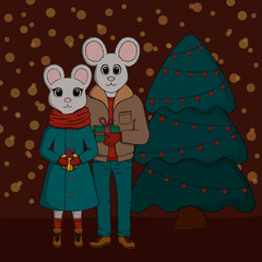 Vector illustration of mouses in a sketch style. Christmas scene with couple that holding in hand gifts near the Christmas tree. Lights in background