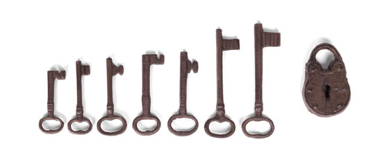 Rusty old lock isolated on white