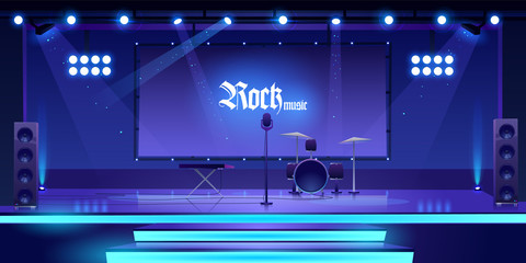 Stage with rock music instruments, equipment and illumination, empty scene interior with drums, synthesizer, microphone, dynamics searchlights and screen for presentation. Cartoon vector illustration
