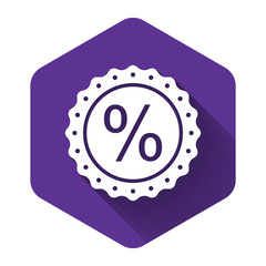 White Percent symbol discount icon isolated with long shadow. Sale percentage - price label, tag. Purple hexagon button. Vector Illustration