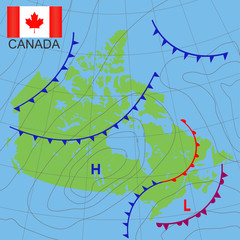 Canada. Realistic synoptic map of the Canada showing isobars and weather fronts. Meteorological forecast. Map country with national flag. Vector illustration. EPS 10