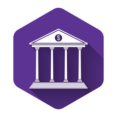 White Bank building icon isolated with long shadow. Purple hexagon button. Vector Illustration