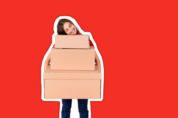 Portrait of a happy smiling delivery woman with heap of big boxes Magazine collage style with...