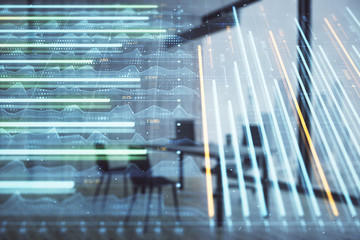 Business theme graph hologram with minimalistic cabinet interior background. Double exposure. Stock market concept.