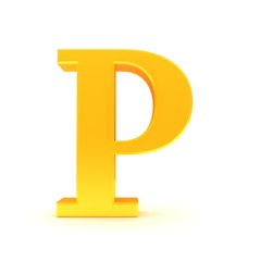 golden letter P 3d sign alphabet character text gold capital font isolated on white background