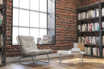 Bookshelves,Loft style interior, wooden floor with  big window