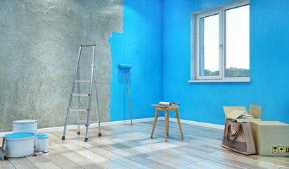 Half-painted in blue color dirty concrete wall, 3d illustration