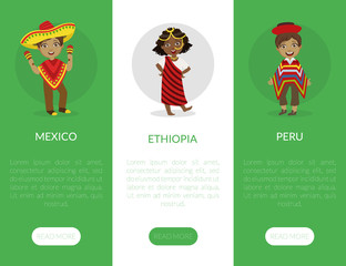 Mexico, Ethiopia, Peru Landing Page Template with Kids Wearing Traditional Costumes Vector Illustration