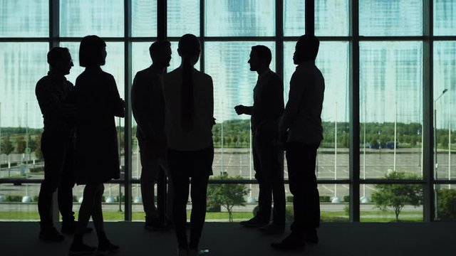 Tracking backlit shot of group of business people standing by window in office hall and talking. Silhouettes of six colleagues having discussion