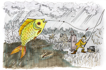 Drawing of a goldfish, which was caught on a fishing rod by fishermen on the lake.Successful fishing.