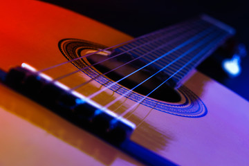Fototapeta premium Guitar, perspective view with color lighting.