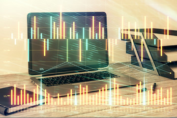 Stock market chart and desktop office computer background. Multi exposure. Concept of financial analysis.