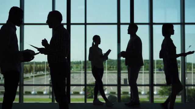 Silhouettes of business people standing in office hall with large panoramic window and talking. Woman with documents passing by them in slow motion, tracking shot