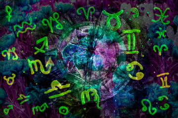 Green astrological symbols and zodiac signs on a cosmic background