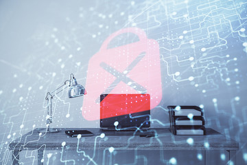 Lock sign hologram with desktop office background. Double exposure. Concept of network protection