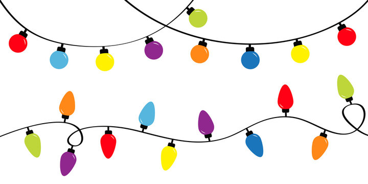 Christmas lights. Holiday festive xmas decoration. Colorful string fairy light set. Lightbulb glowing garland. Rainbow color. Flat design. White background. Isolated.