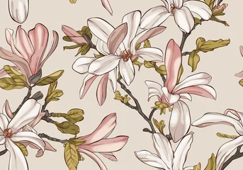 Fototapete Vintage Blumen Nahtloses Muster mit Magnolienblüten.