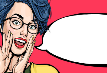 Attractive young sexy woman is announcing, telling a secret, shouting or yelling. Advertising poster of comic lady saying Hey or Wow - obrazy, fototapety, plakaty