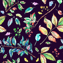 Pattern of leaves and berries on a branch. Watercolor autumn foliage on a purple background. Elements for printing on fabric and home decoration. Pattern for bedding or curtains