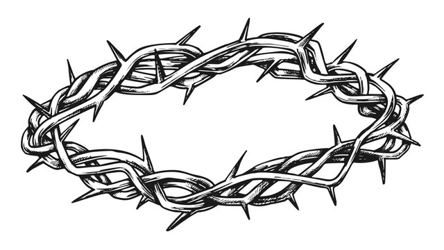 Crown Of Thorns Religious Symbol Hand Drawn Vector. Crucifixion Crown With Spikes. Christianity And Suffering Element Engraving Concept Layout In Retro Style Black And White Illustration