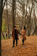 Stylish young couple outdoors on a beautiful autumn day in the forest. Young couple in love holding hands and walking through a park on a  autumn day. The concept of youth, love and lifestyle.