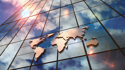 World Map sign on glass skyscraper with mirrored sky illustration - obrazy, fototapety, plakaty