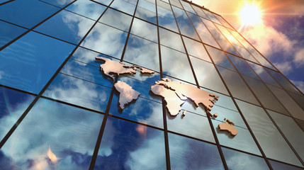 World Map sign on glass skyscraper with mirrored sky illustration