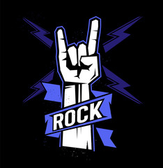 Rock sign gesture with lightning for your design - logo, illustration on a dark background